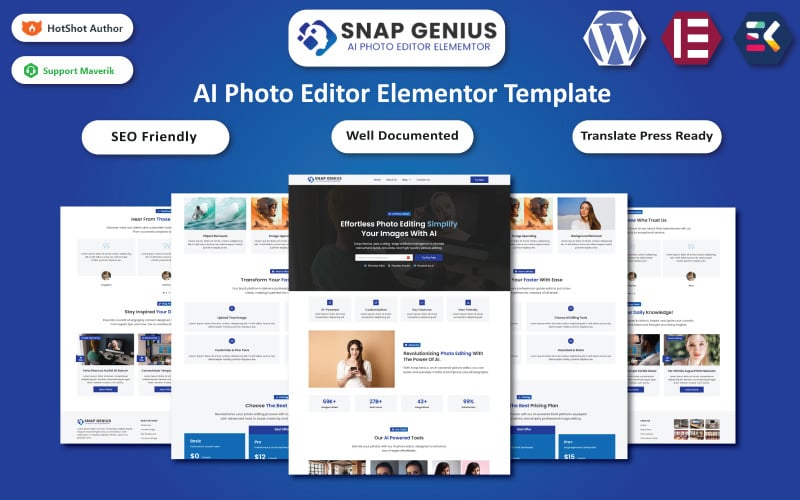 Snap Genius - Elementor-Vorlage für Website mit KI-Fotoeditor