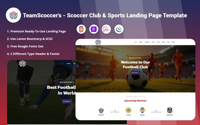 TeamScoccer – Scoccer Club & Sports céloldal sablonja