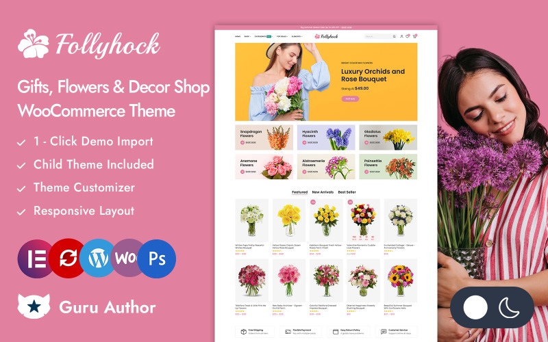 Follyhock - Responsives Elementor WooCommerce-Theme für Floristen und Blumenläden