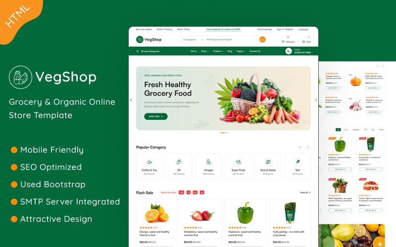 VegShop - Çevrimiçi Bakkal & Organik Gıda HTML Web Sitesi Şablonu