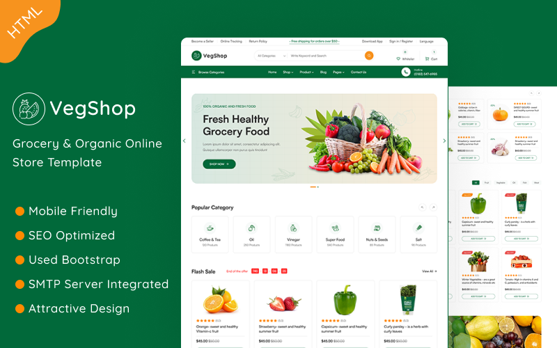 VegShop - HTML-Website-Vorlage für Online-Lebensmittelgeschäft und Biolebensmittel