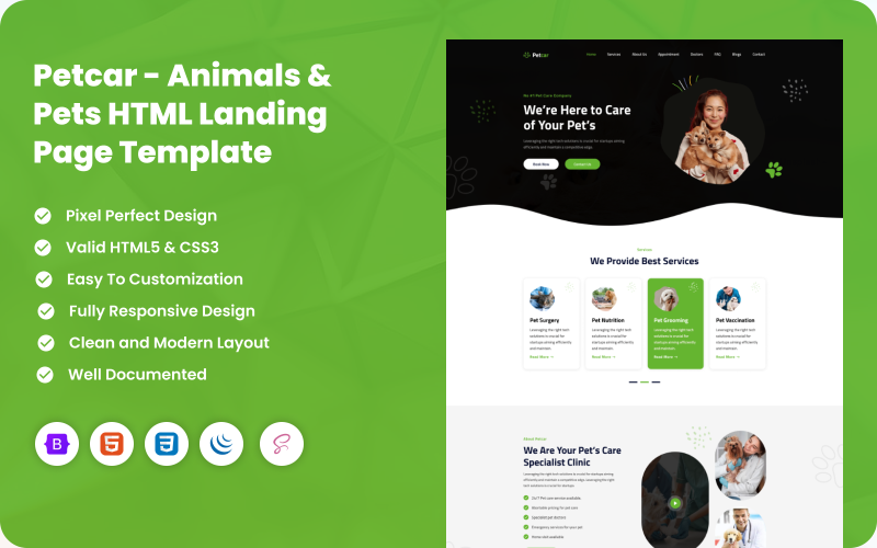 Petcar - Animals &  Pets HTML Landing  Page Template