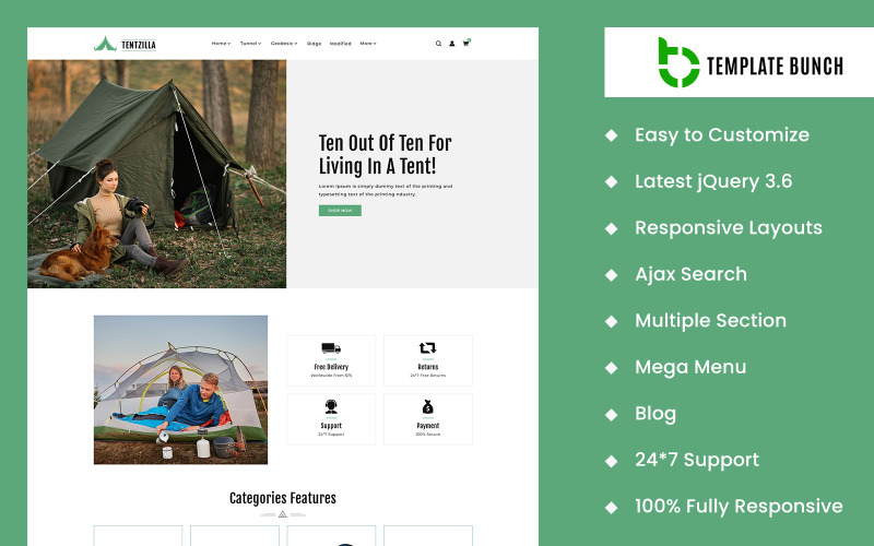 Tent Zilla - Tema reattivo Shopify per l'eCommerce