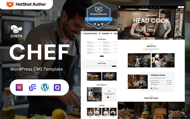 Chefii — персональний шеф-кухар, кейтеринг і кулінарні послуги, тема WordPress Elementor