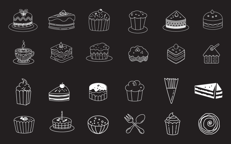 Line art vector design with cute doodles of cakes  cupcakes design template v.1