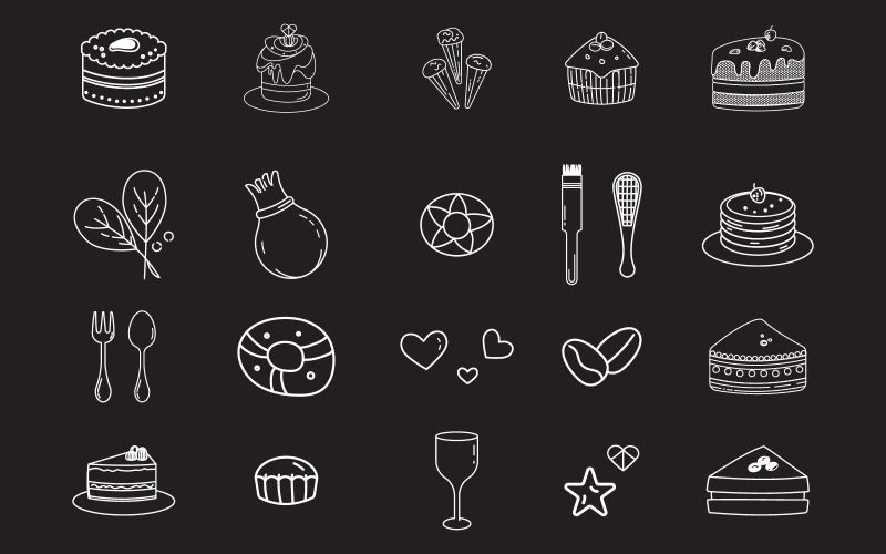 Line art vector design with cute doodles of cakes  cupcakes design template v.2