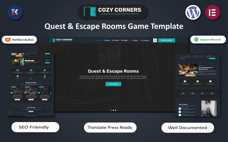 Cozy Corners - Modèle WordPress Elementor pour jeux de quêtes et d'évasion