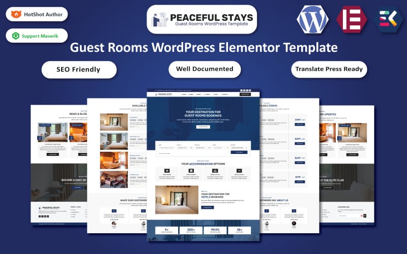 Peaceful Stays - гостевые комнаты, отель и курорт WordPress Elementor Template