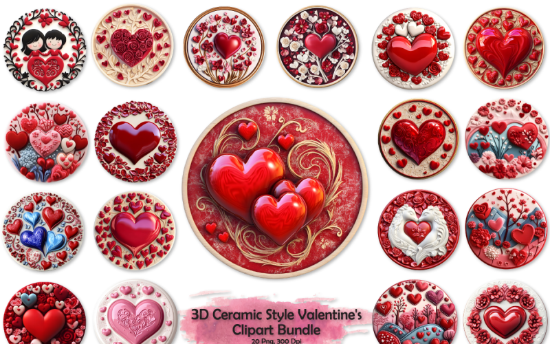 3D Ceramic Style Round Valentine's Day Clipart Bundle