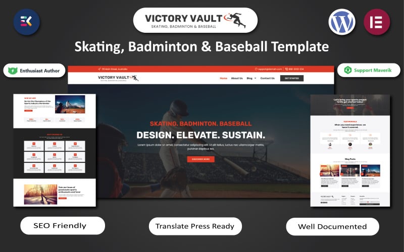 Victory Vault - Paten, Badminton ve Beyzbol WordPress Elemnetor Şablonu