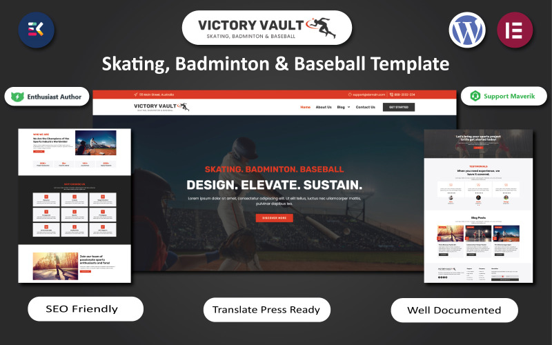 Victory Vault: plantilla de WordPress para Elemnetor sobre patinaje, bádminton y béisbol