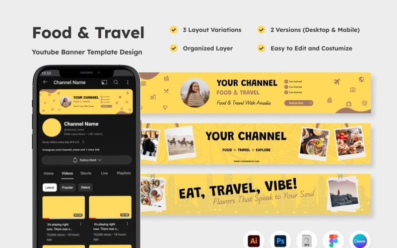 Дизайн баннера YouTube для любителей еды и путешествий
