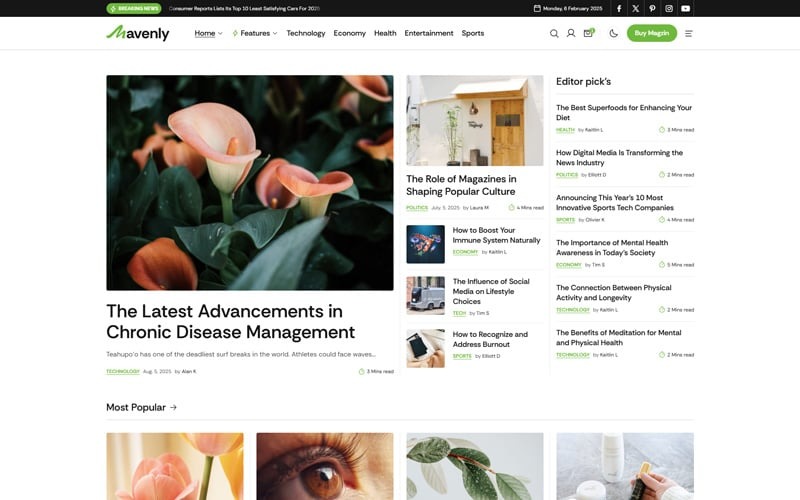 Mavenly - Modelo HTML de revista de blog moderno