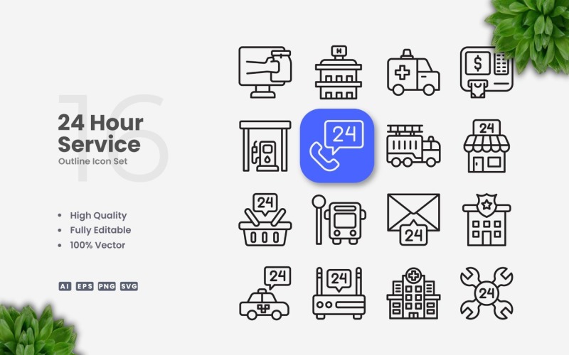 16 24 Hour Service Outline Icon Set