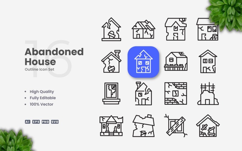 16 Abandoned House Outline Icon Set