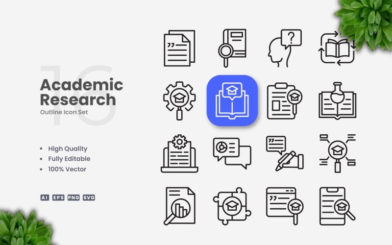 16 Academic Research Outline Icon Set