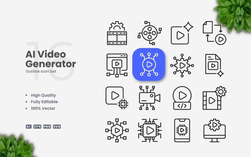 16 AI Video Generator Outline Icon Set