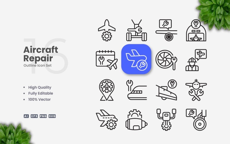 16 Aircraft Repair Outline Icon Set