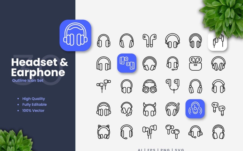 30 Headset and Earphone Outline Icon Set