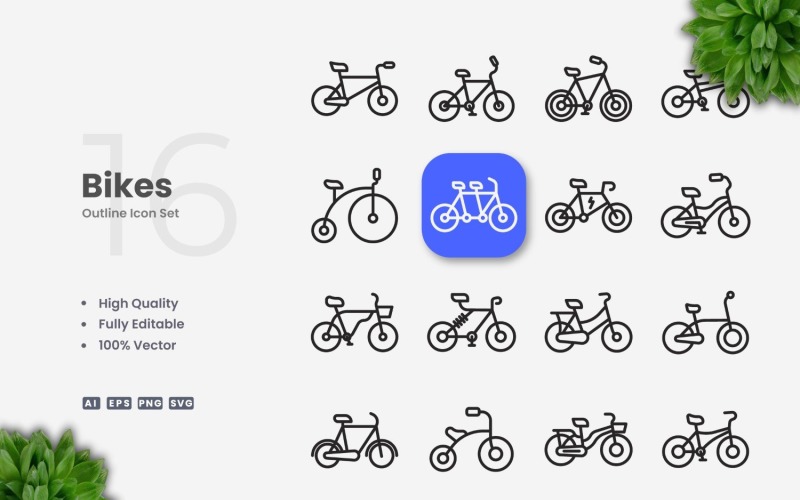 Ensemble d'icônes de contour de 16 vélos