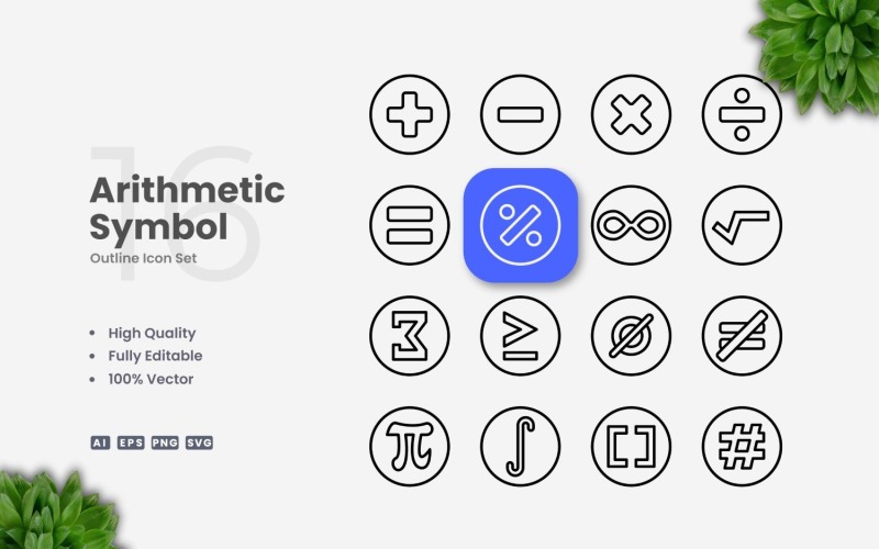 16 Arithmetic Symbol Outline Icon Set