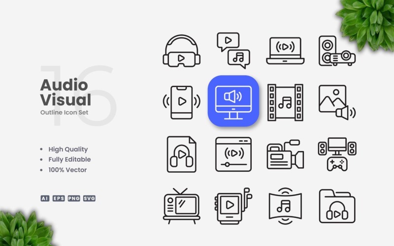 16 Audio Visual Outline Icon Set