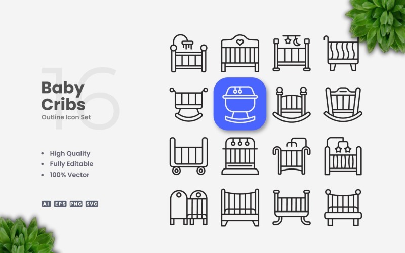 16 Baby Cribs Outline Icon Set