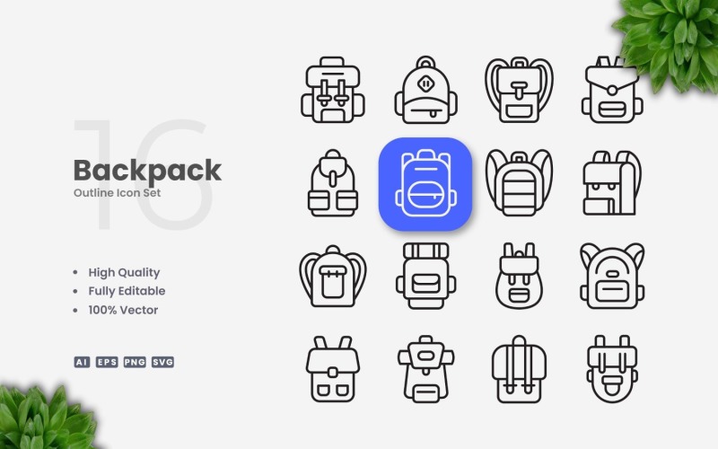 16 Backpack Outline Icon Set