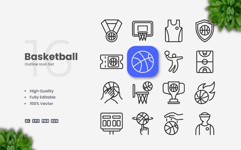 16 Basketball Outline Icon Set