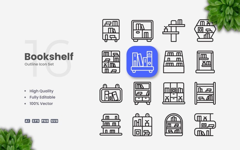 16 Bookshelf Outline Icon Set