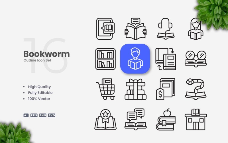 16 Bookworm Outline Icon Set