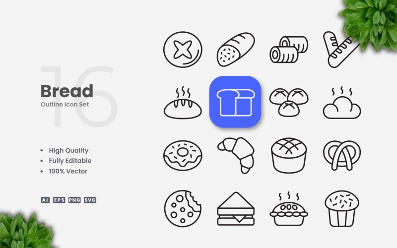 16 Bread Outline Icon Set