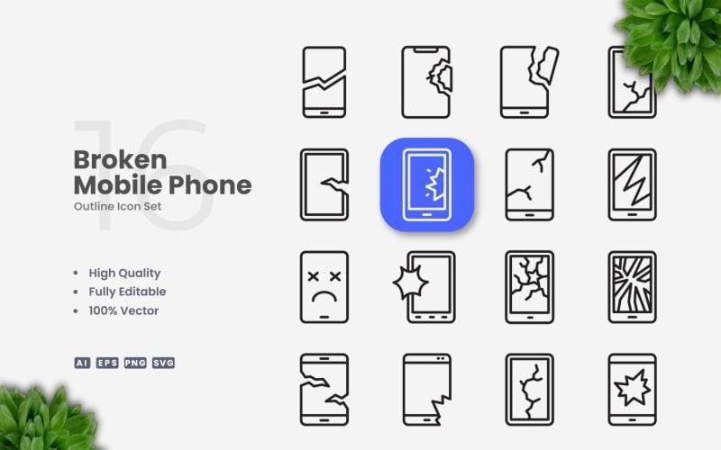 16 Broken Mobile Phone Outline Icon Set