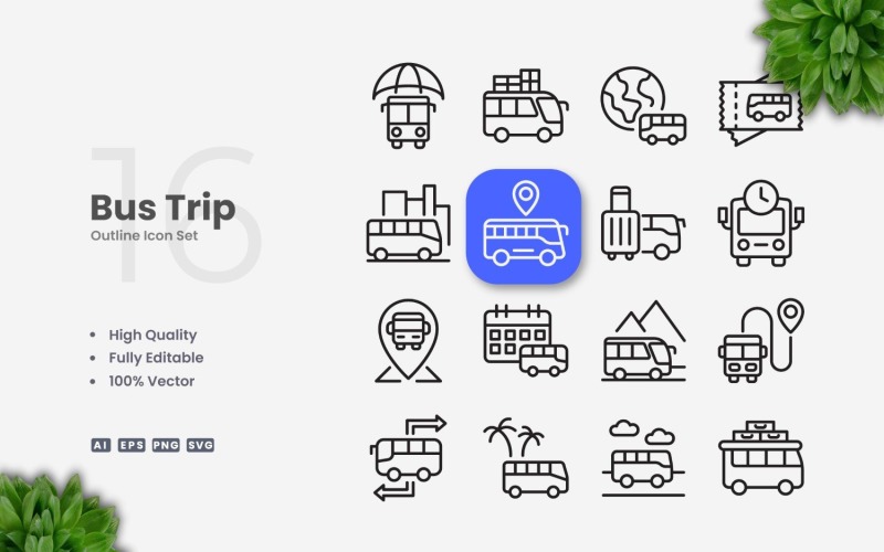 16 Bus Trip Outline Icon Set