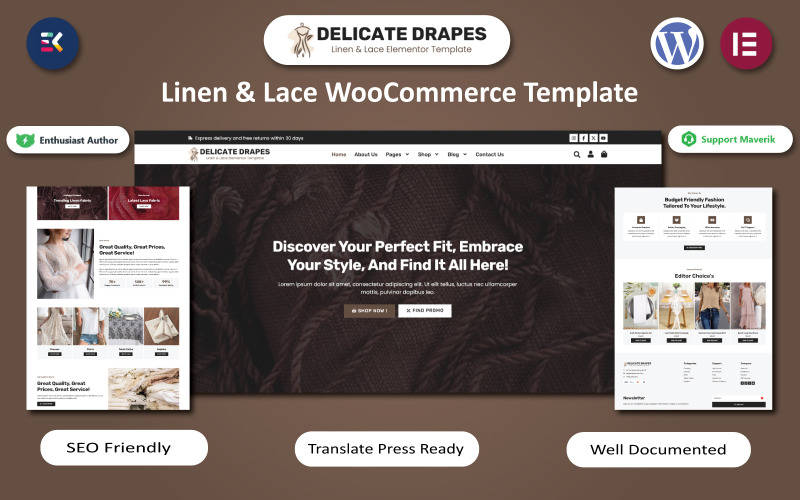 Delicate Drapes - Leinen- und Spitzenmode WooCommerce Elementor-Vorlage