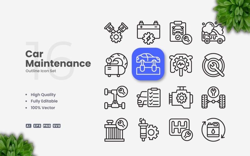 Conjunto de 16 iconos de esquema de mantenimiento del automóvil