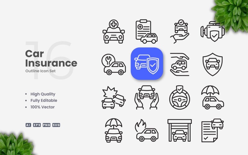 Conjunto de 16 iconos de esquema de seguro de automóvil