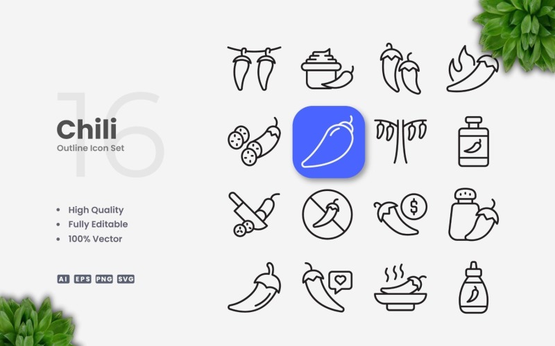 Ensemble d'icônes de 16 contours de piment