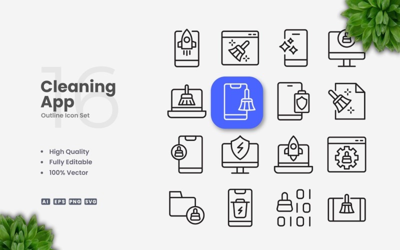 16 Cleaning App Outline Icon Set