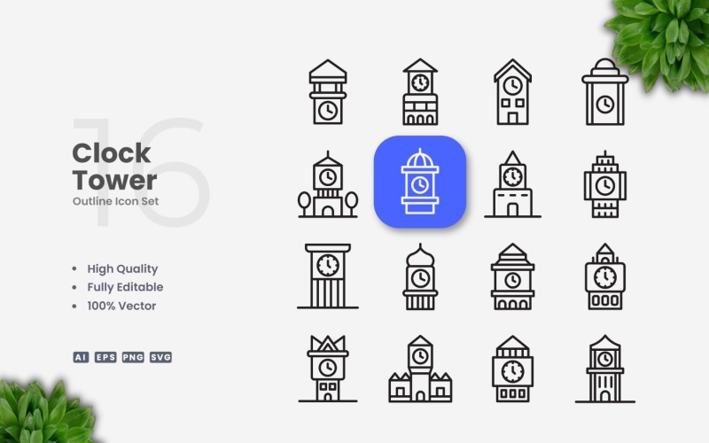 16 Clock Tower Outline Icon Set