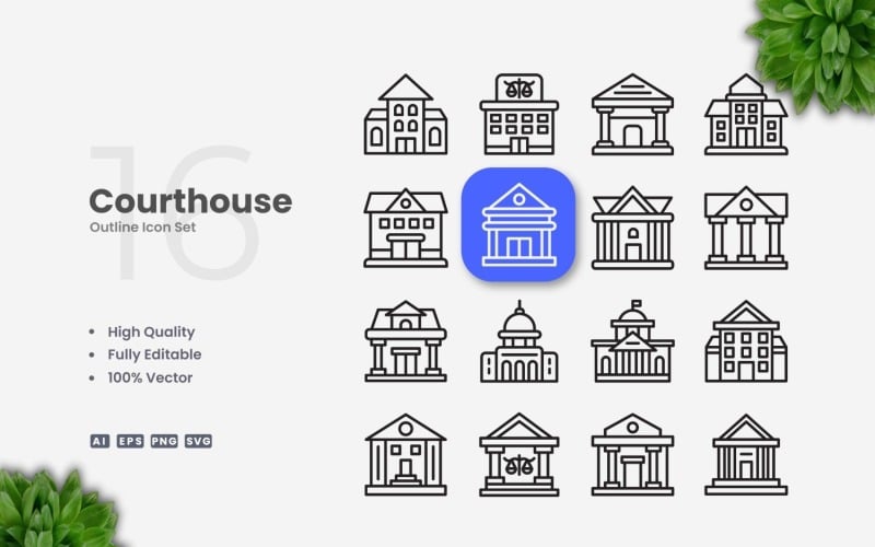 Conjunto de 16 ícones de contorno de tribunal