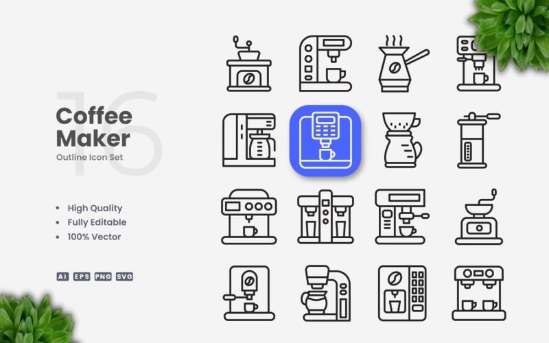 16 Coffee Maker Outline Icon Set