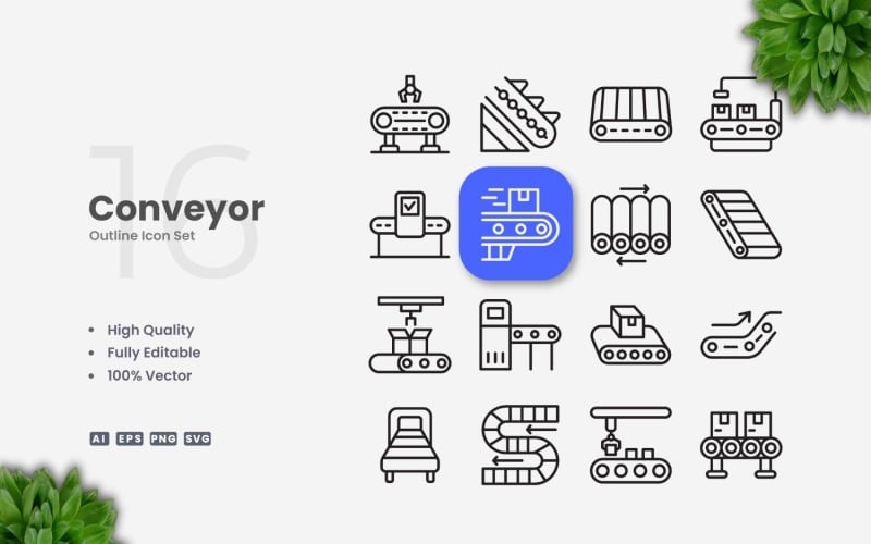 16 Conveyor Outline Icon Set