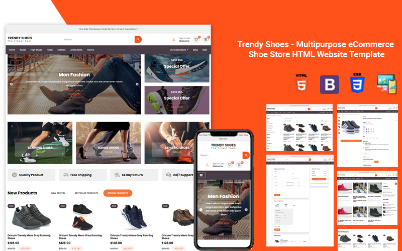 Plantilla de sitio web HTML de comercio electrónico de zapatos de moda multipropósito