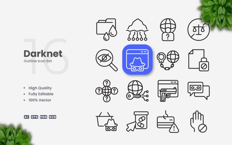 Conjunto de 16 iconos de contorno de Darknet