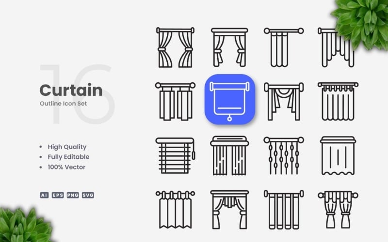 16 Curtain Outline Icon Set