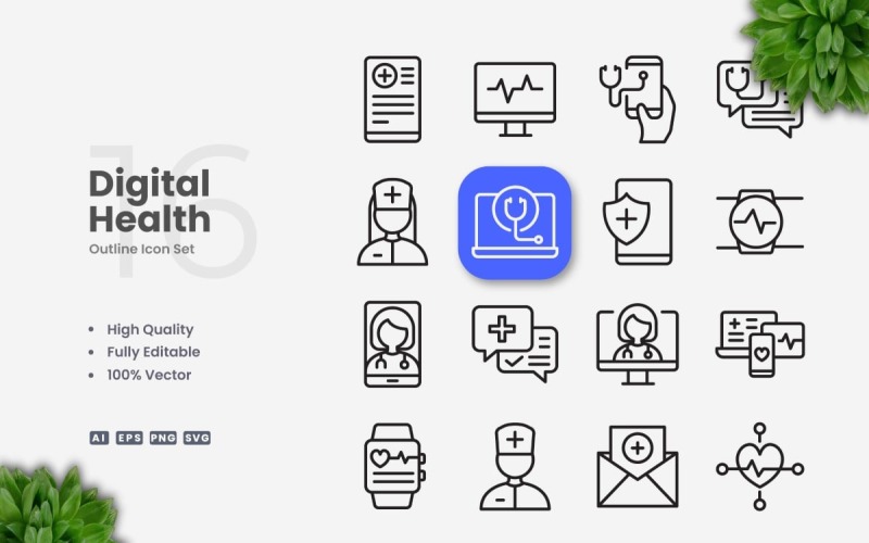 16 Digital Health Outline Icon Set