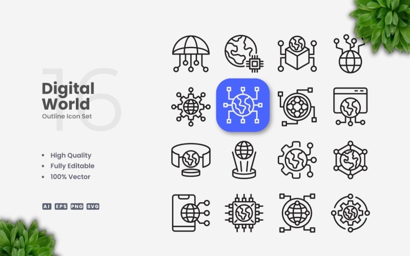 16 Digital World Outline Icon Set