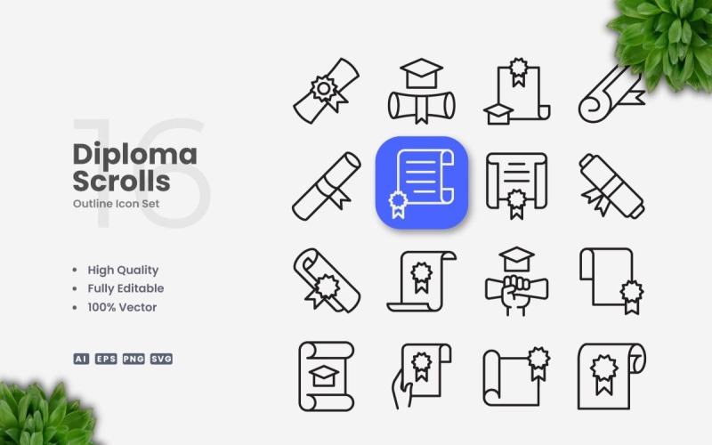 16 Diploma Scrolls Outline Icon Set