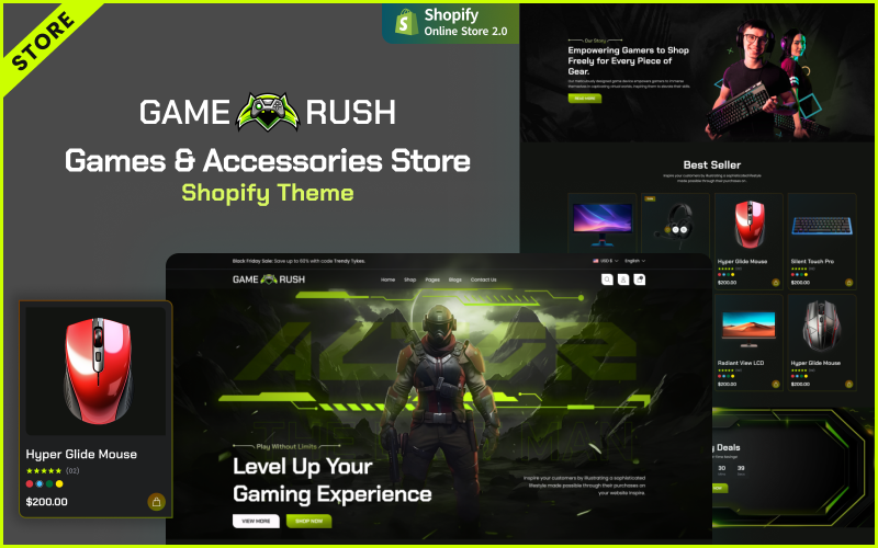 Game Rush UI — игровое снаряжение и аксессуары Shopify Theme